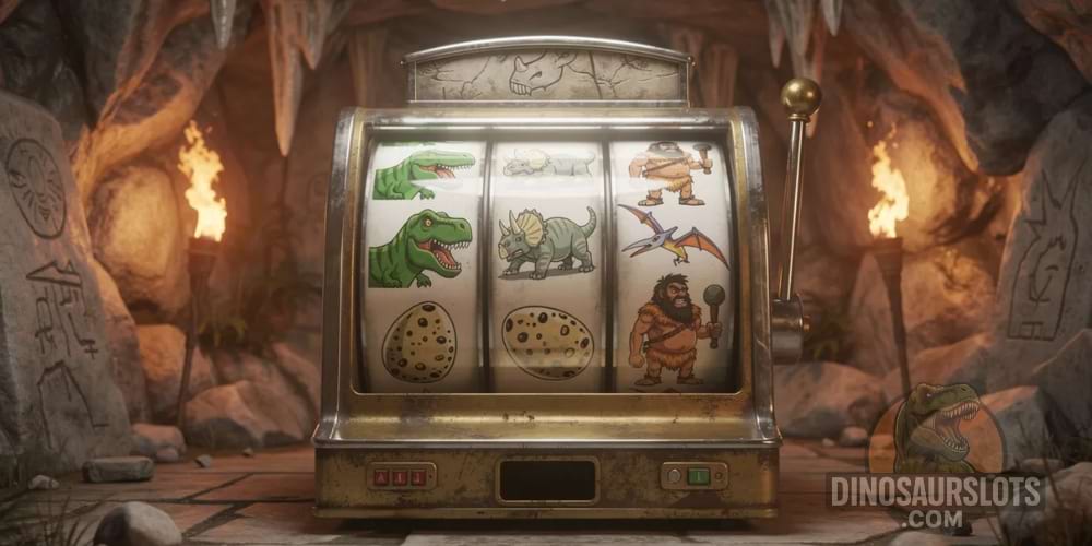 Dinosaur slot-machine in a cave.