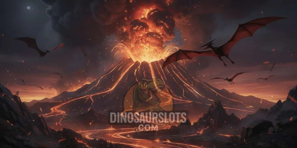 Volcano and dinosaurs flying away.